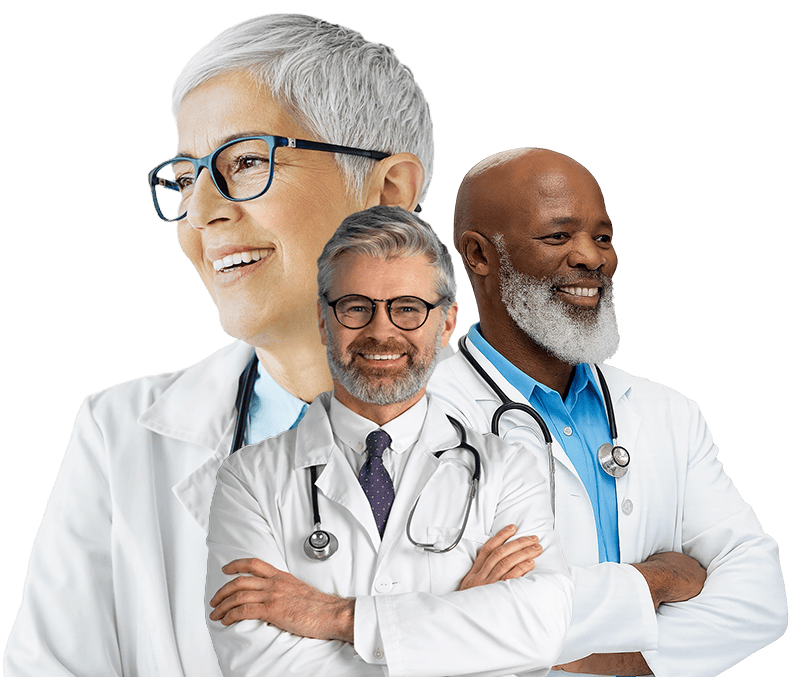 Group of three doctors in white coats