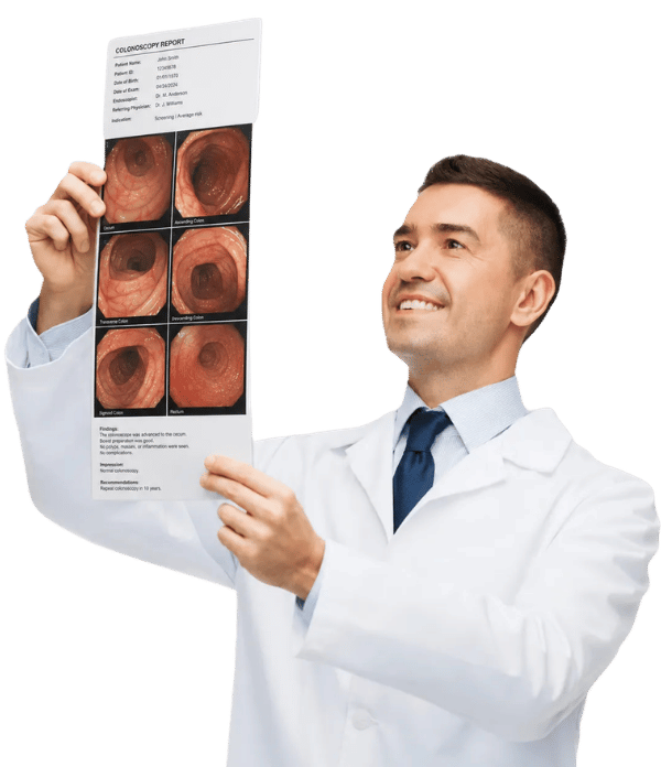 Gastroenterologist in a white coat examining a sheet of endoscopy images